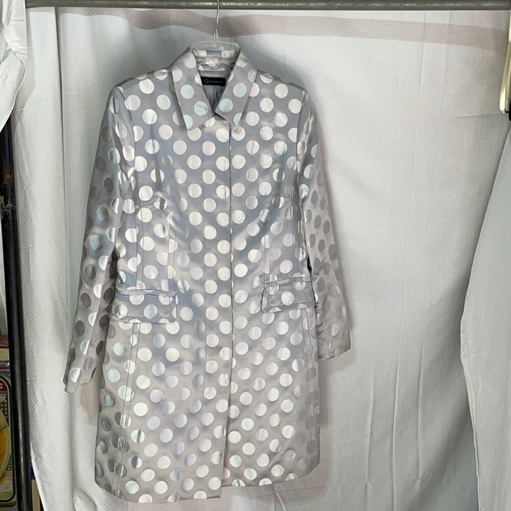 Context 10 silver grey silk satin polka dot lined fitted stroller coat guc